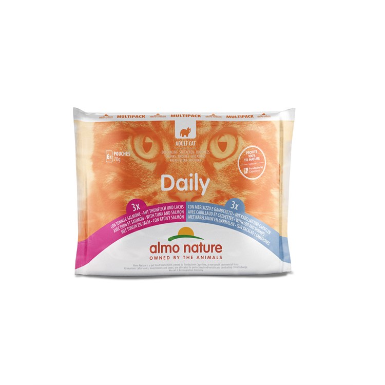 Almo Nature Daily Multipack Tonno Salmone e Merluzzo Gamberetti 6 x 70 gr Bustine Umido Per Gatti