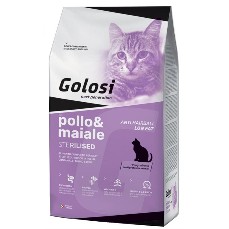 Golosi Cat Sterilised Hairball Low Fatt Pollo Maiale 7,5 kg Crocchette Per Gatti