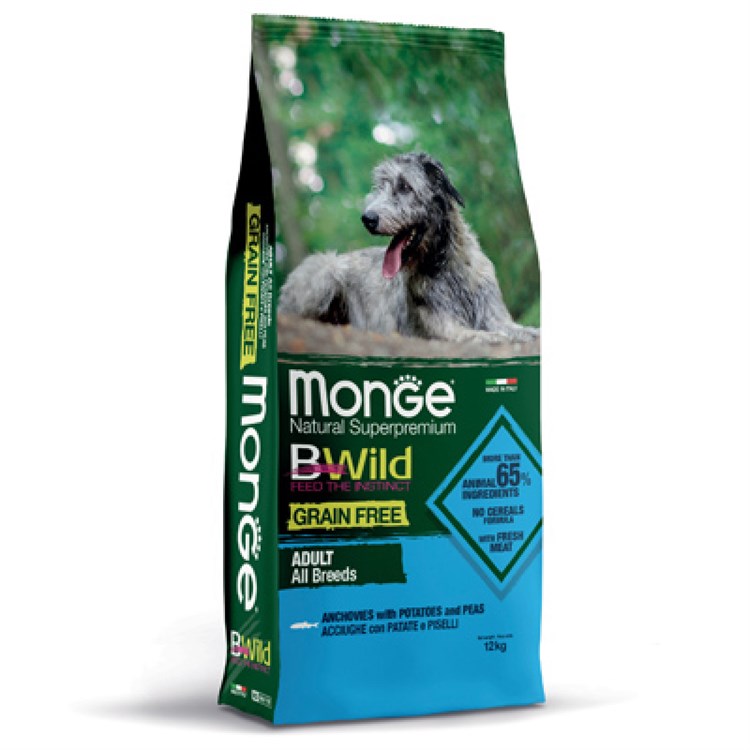 Monge Bwild Grain Free All Breeds Acciughe Patate Piselli 12 kg Per Cani