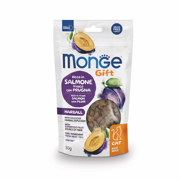 Monge Gift Hairball Salmone Prugne 50 gr Snack Per Gatti