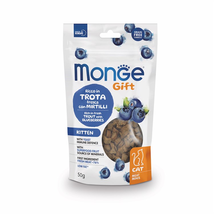 Monge Gift Meat Minis Kitten Trota Mirtilli Blu 50 gr Snack Per Gatti