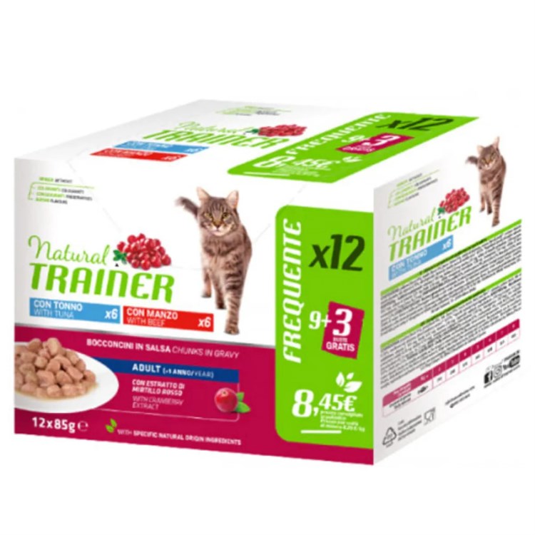 Natural Trainer Adult Cat Bocconcini Multipack 12 bustine 85 gr (6 Tonno + 6 Manzo) Umido Gatti