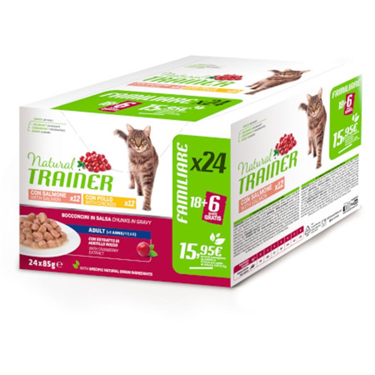 Natural Trainer Adult Cat Bocconcini Multipack 24 bustine 85 gr (12 pollo + 12 salmone) Umido Gatti