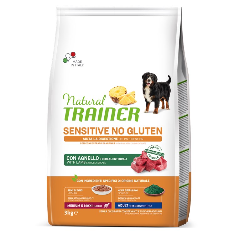 Natural Trainer Sensitive Adult Medium Maxi No Gluten Agnello Cereali Integrali 3 kg