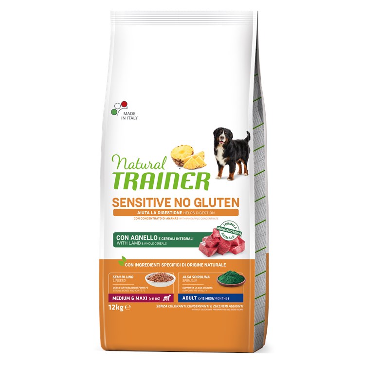 Natural Trainer Sensitive Adult Medium Maxi No Gluten Agnello E Cereali Integrali 12 kg