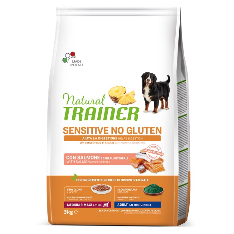 Natural Trainer Sensitive Adult Medium Maxi No Gluten Salmone Cereali Integrali 3 kg