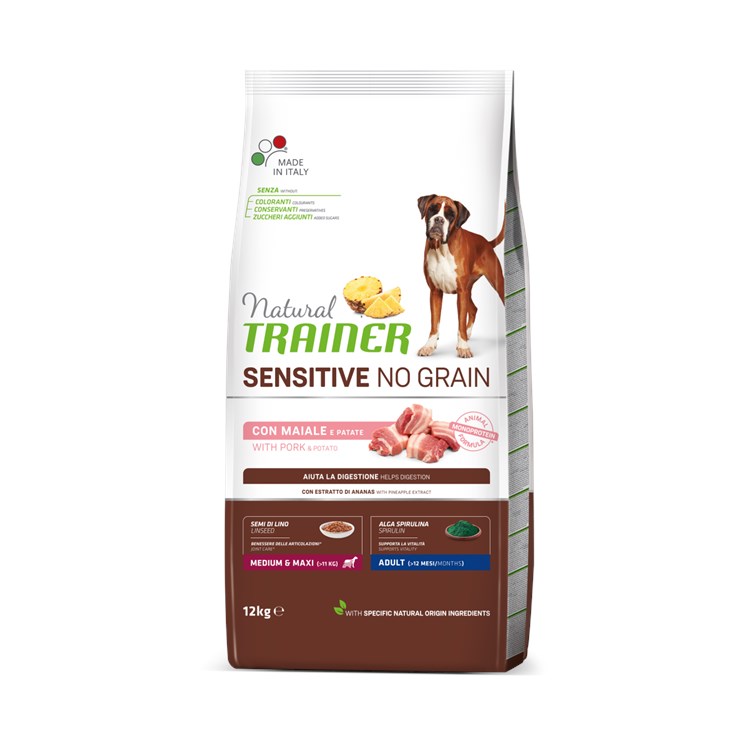 Natural Trainer Sensitive No Grain Adult Medium Maxi Maiale e Patate 12 kg Cane