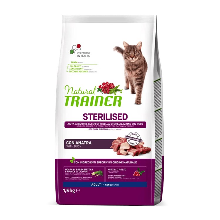 Natural Trainer Sterilised Anatra 1,5 Kg Crocchette Per Gatti Sterilizzati