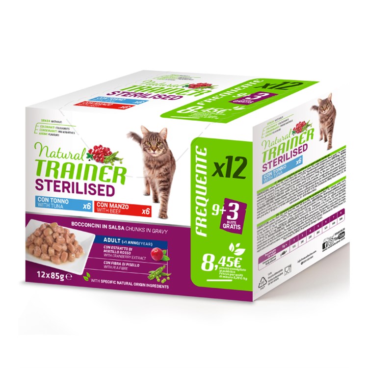 Natural Trainer Sterilised Cat Bocconcini Multipack 12 bustine 85 gr (6 Manzo + 6 Tonno) Umido Gatti