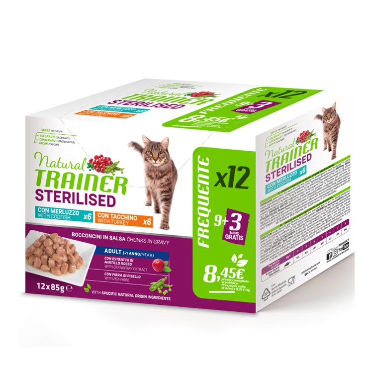 Natural Trainer Sterilised Cat Bocconcini Multipack 12 bustine 85 gr (6 Merluzzo + 6 Tacchino) Umido Gatti